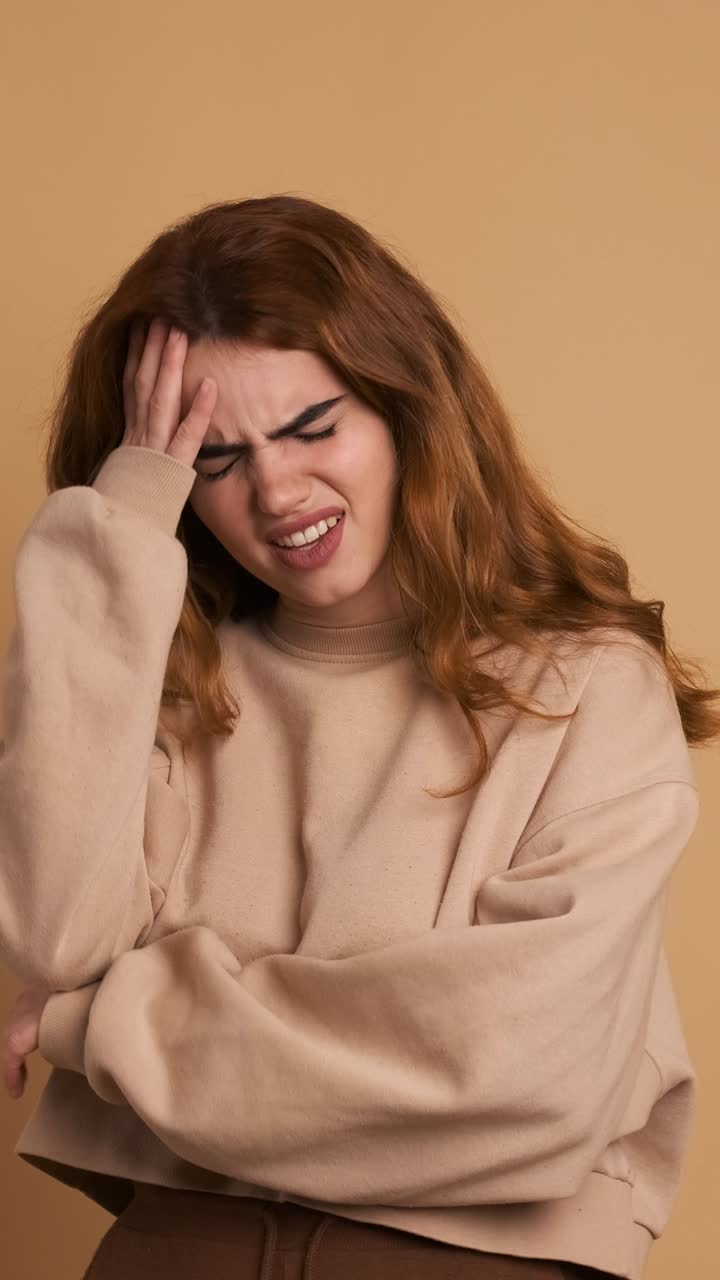 Woman with bad memory gesturing upset. Vertical Footage