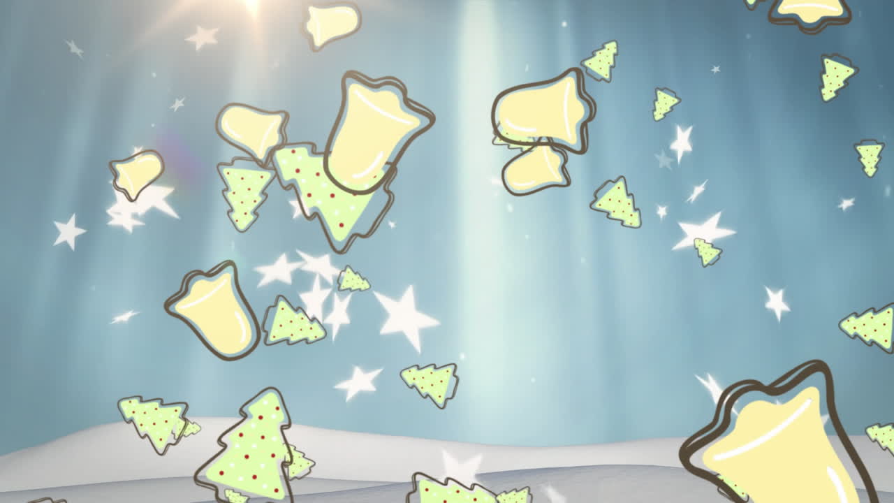 여러 개의 크리스마스 트리, 별과 종 아이콘이 파란색 배경의 빛의 반점에 떨어지고 있습니다.