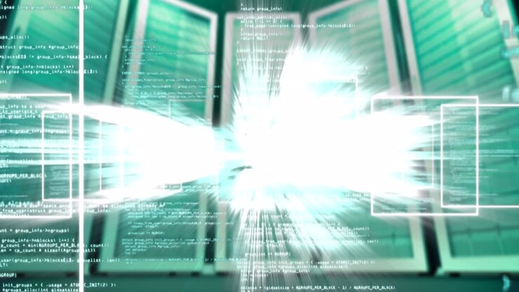 Animation of information scrolling with flashy lights on black background