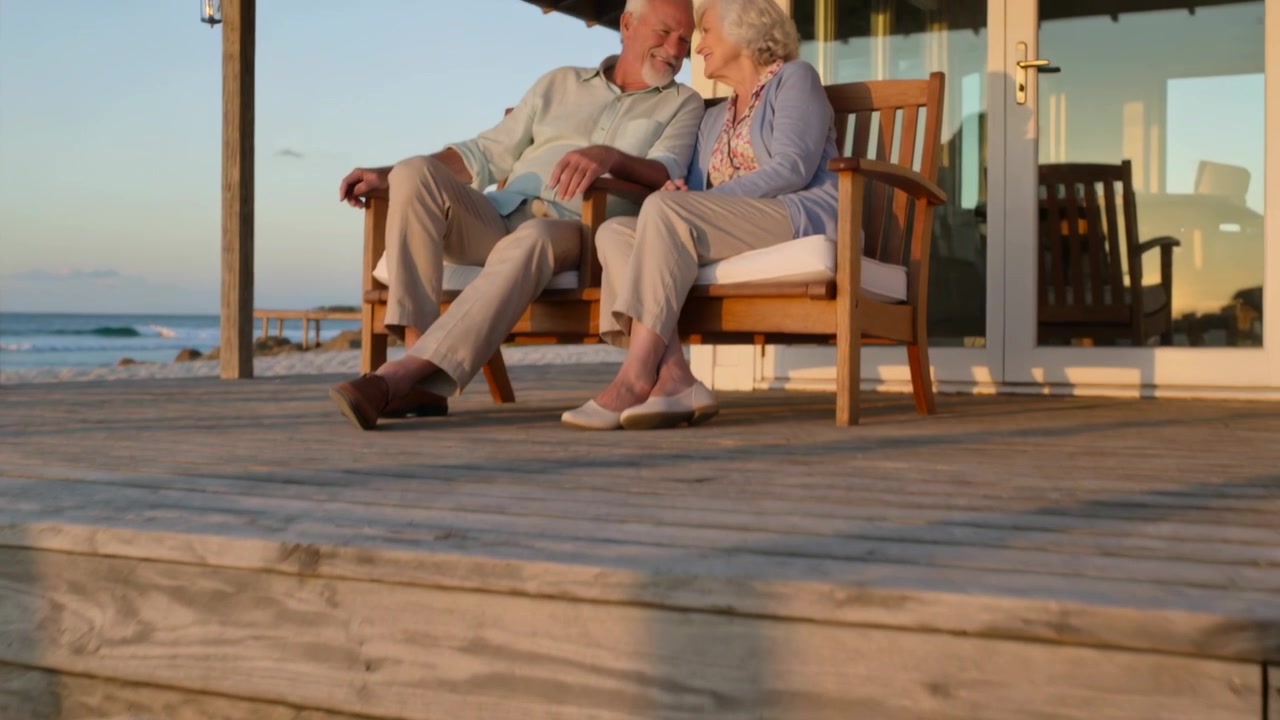 Pulling back camera revealing senior couple leaning on deck by sand, holding book, watching sunset