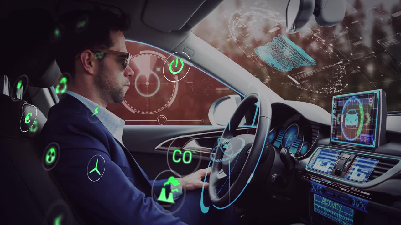 자동차에 앉아 있는 백인 남성에 대한 아이콘의 애니메이션과 데이터 처리