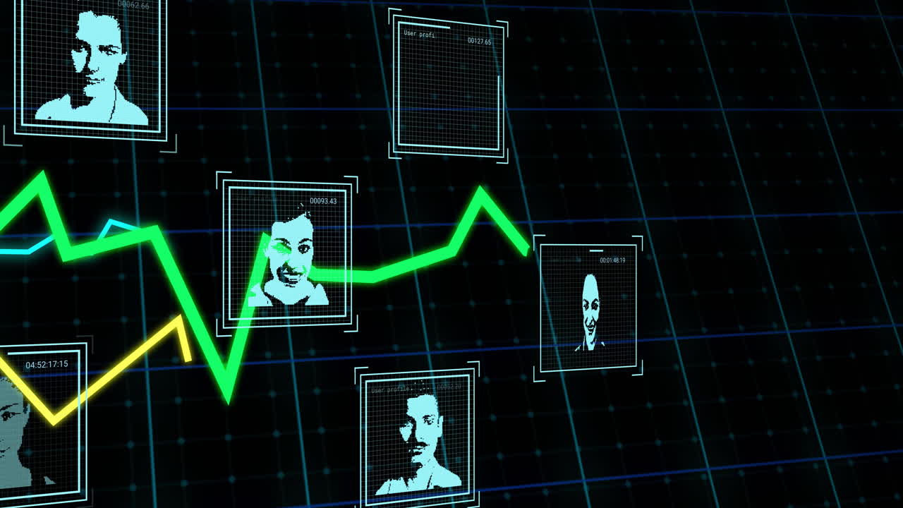 금융 데이터 처리의 애니메이션과 검은 바탕에 생체인식 사진