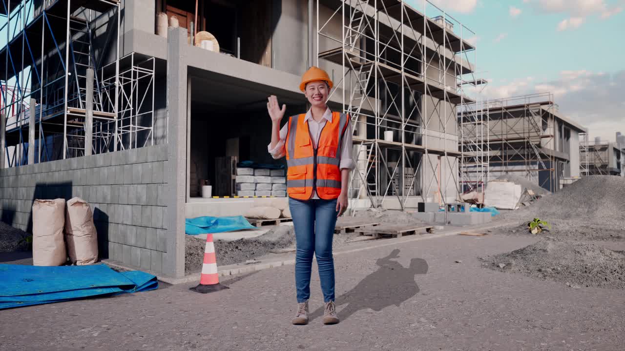 Full Body Of Asian Female Engineer With Safety Helmet Smiling To Camera And Waving Hand Saying Bye While Standing At Construction Site in Progress to New House