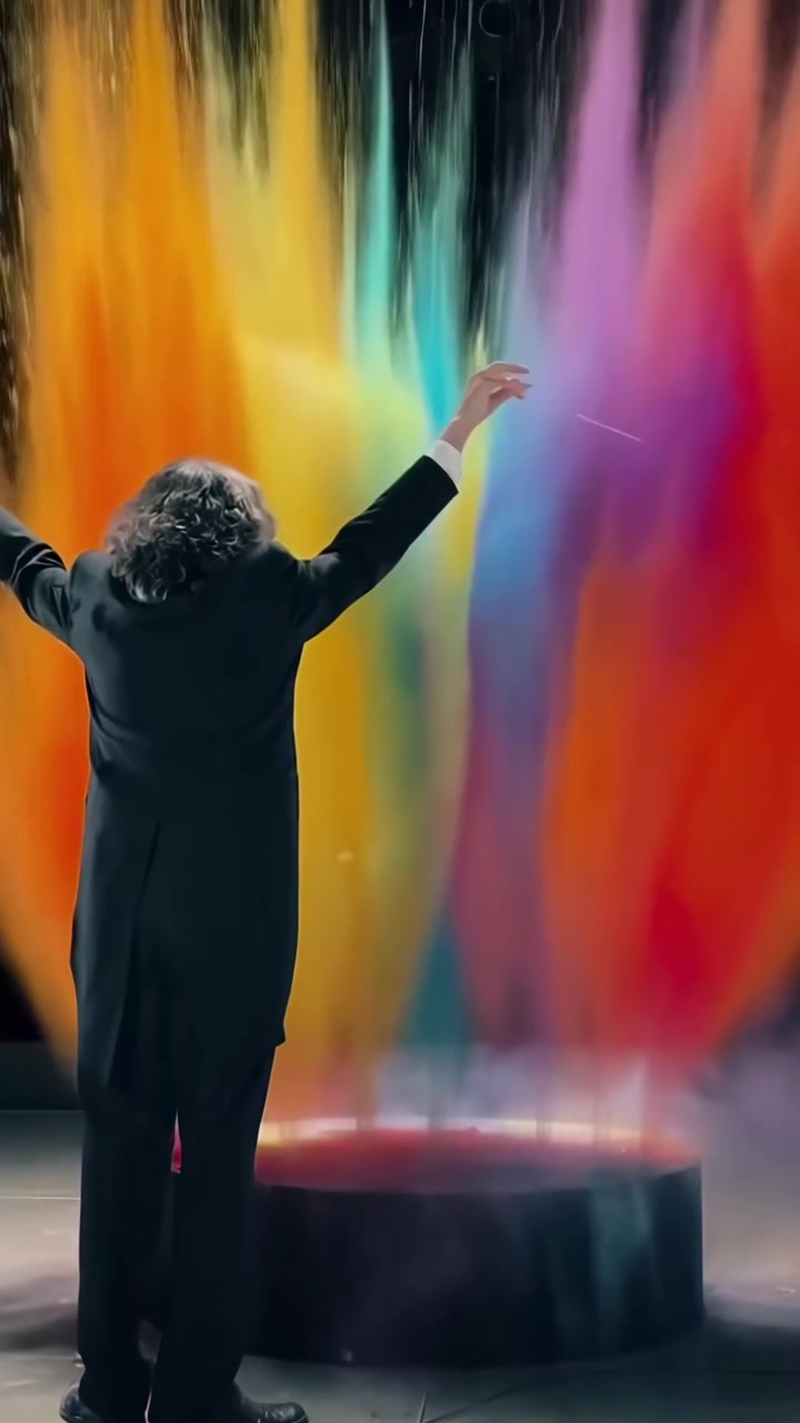 Director de orquesta dirigiendo explosión de polvo de colores en el escenario