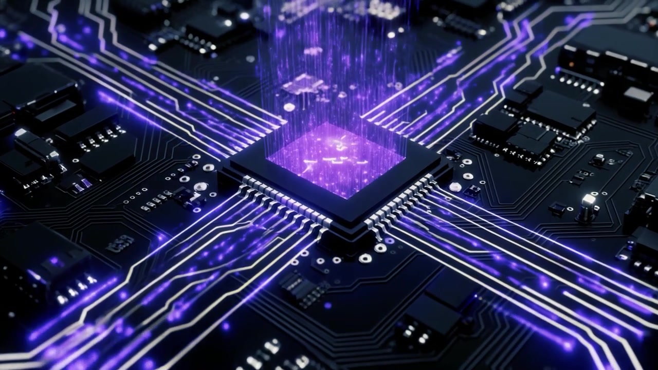 CPU-chip aktiveres med glødende lilla datastrømme
