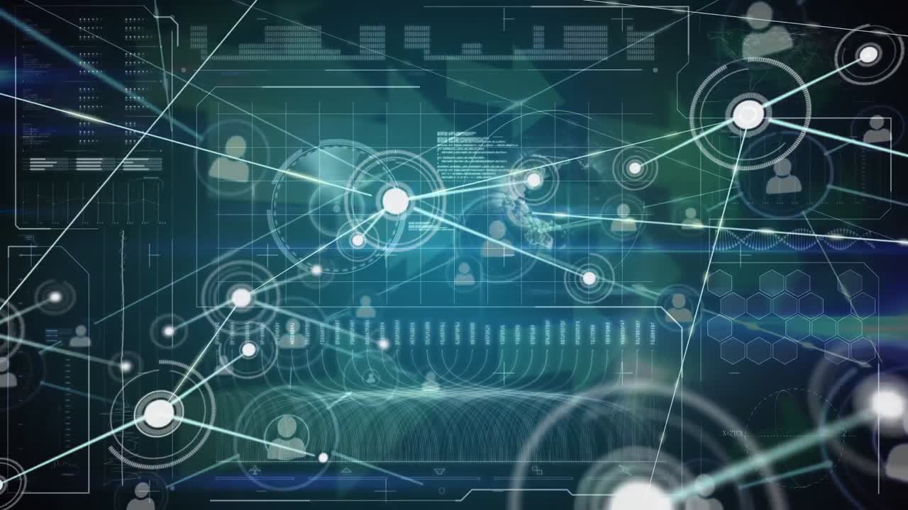 Animation of data processing and icons over blue background