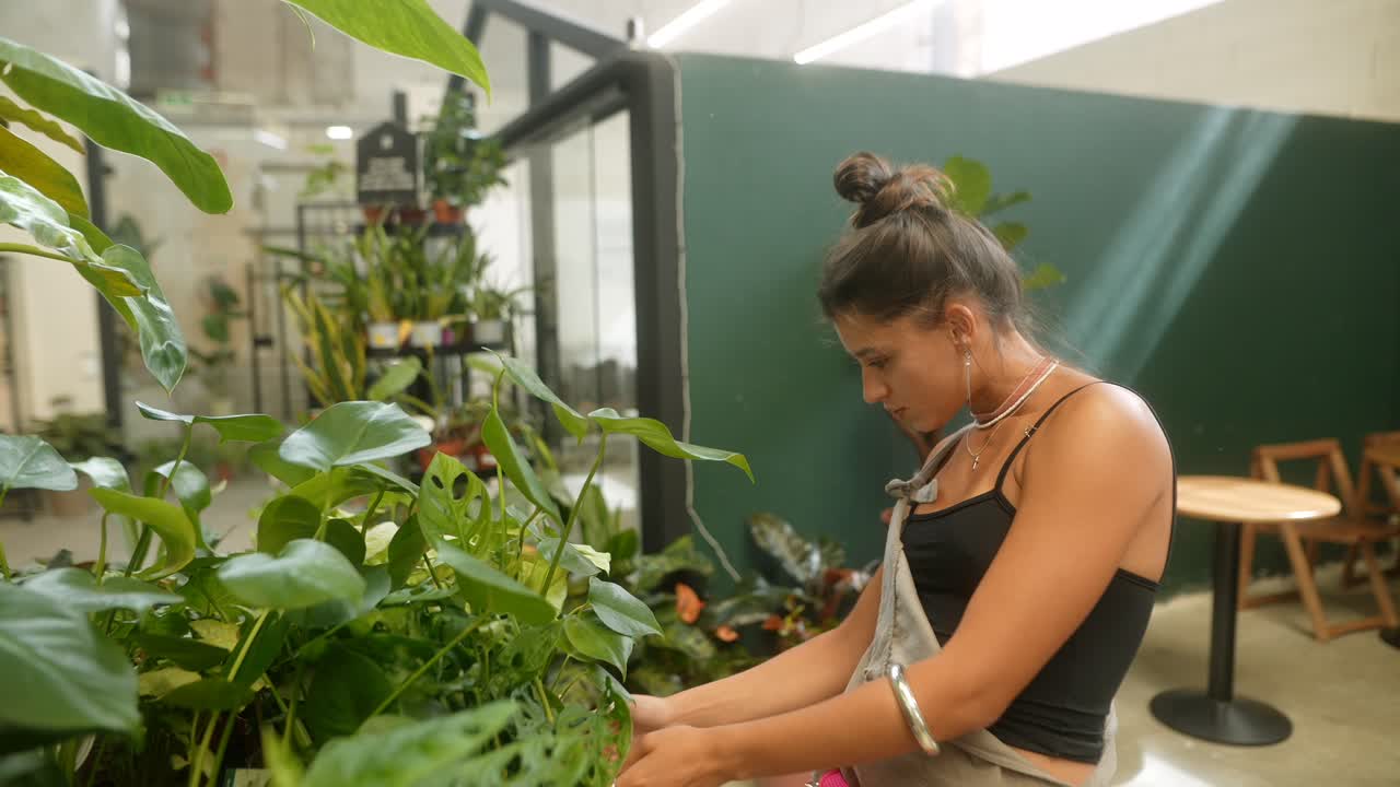 Woman tending to plants indoors