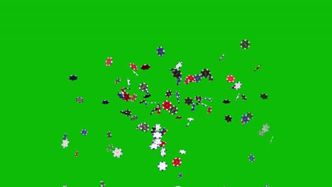 Casino-chips-thrown-up-and-falling-down-on-green-screen-3D-animation,-chip-jackpot,-chip-fountain