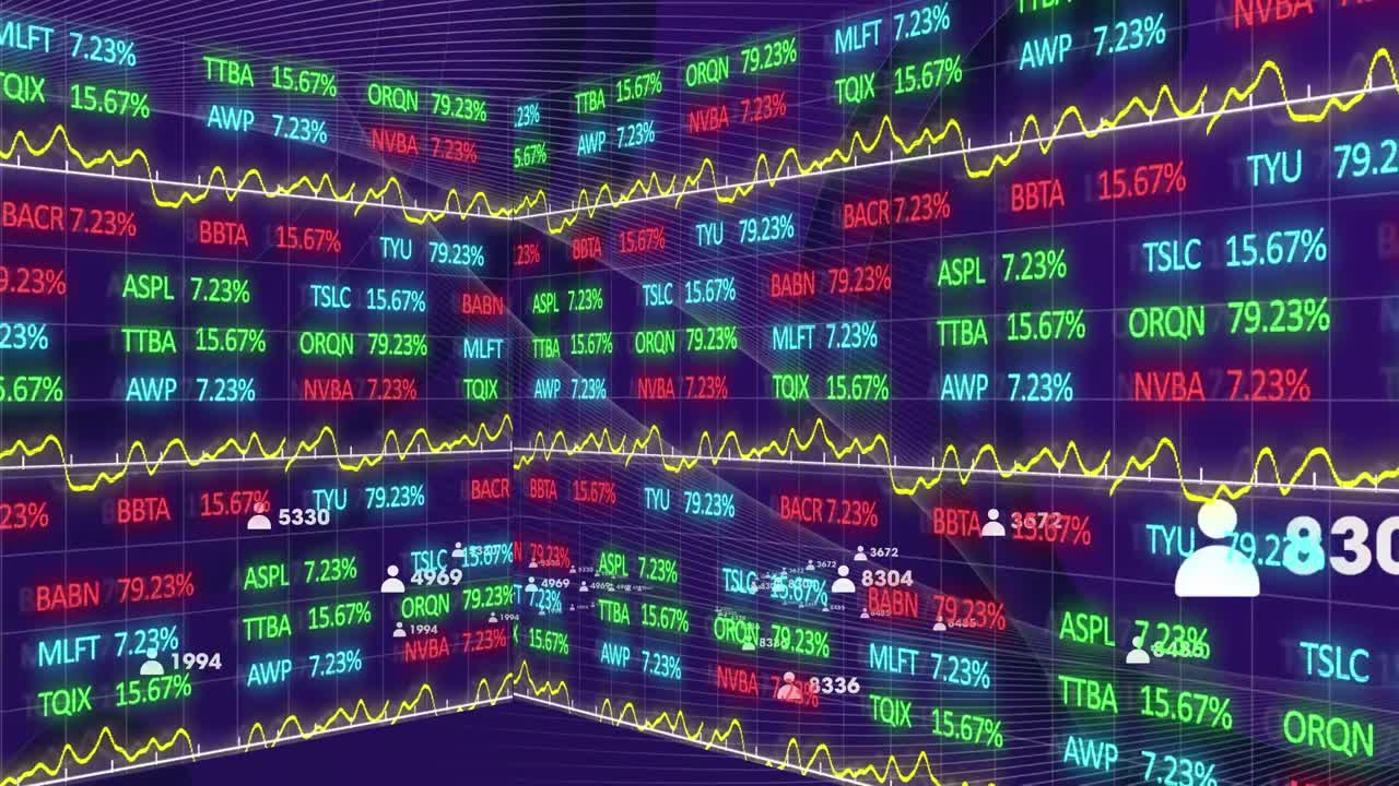 검은색 배경에 주식 시장에 대한 숫자가 있는 f소셜 미디어 아이콘의 애니메이션