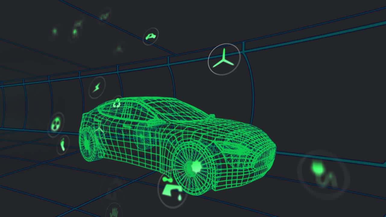 Opening grid tunnel, icons fading and drifting around neon green 3D wireframe sedan, showing data