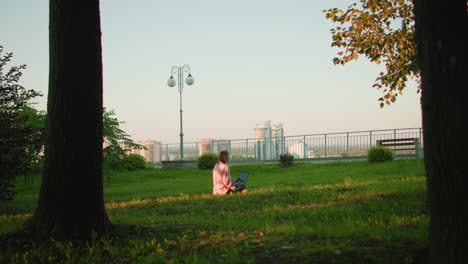 woman seated on grassy field, working on laptop, city buildings in background with iron railing and park lights, sunlight casting shadows on her clothes, focused on her work in nature