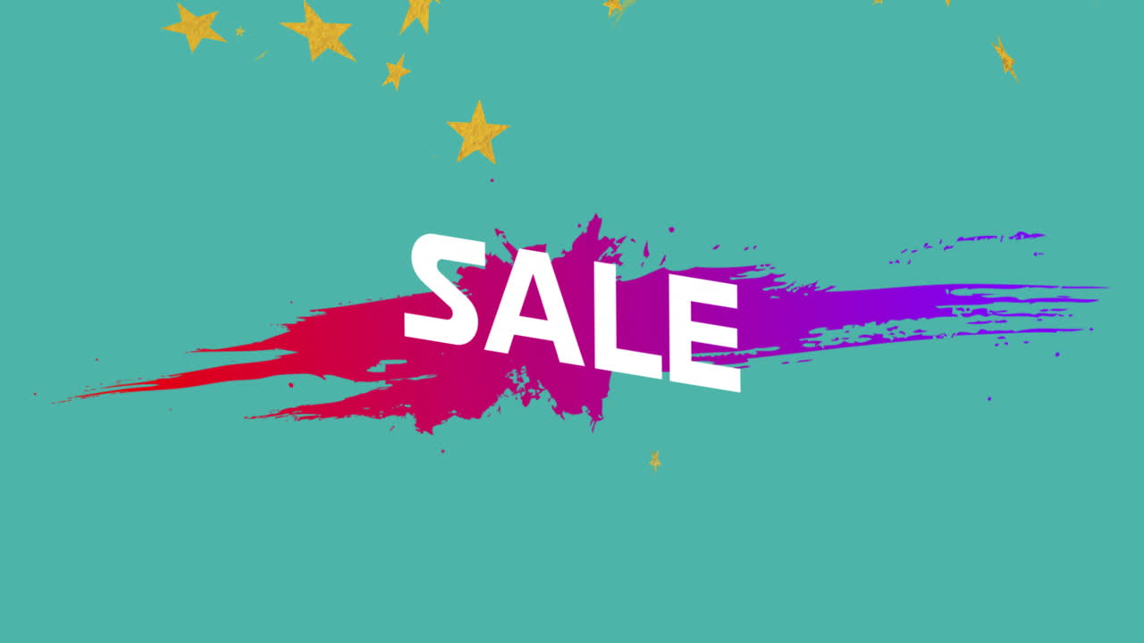 Animazione del testo "sale" su stelle e forme in movimento