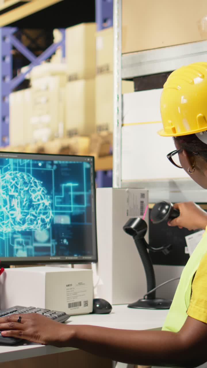 Vertical Video African american woman uses AI deep learning software for e-commerce