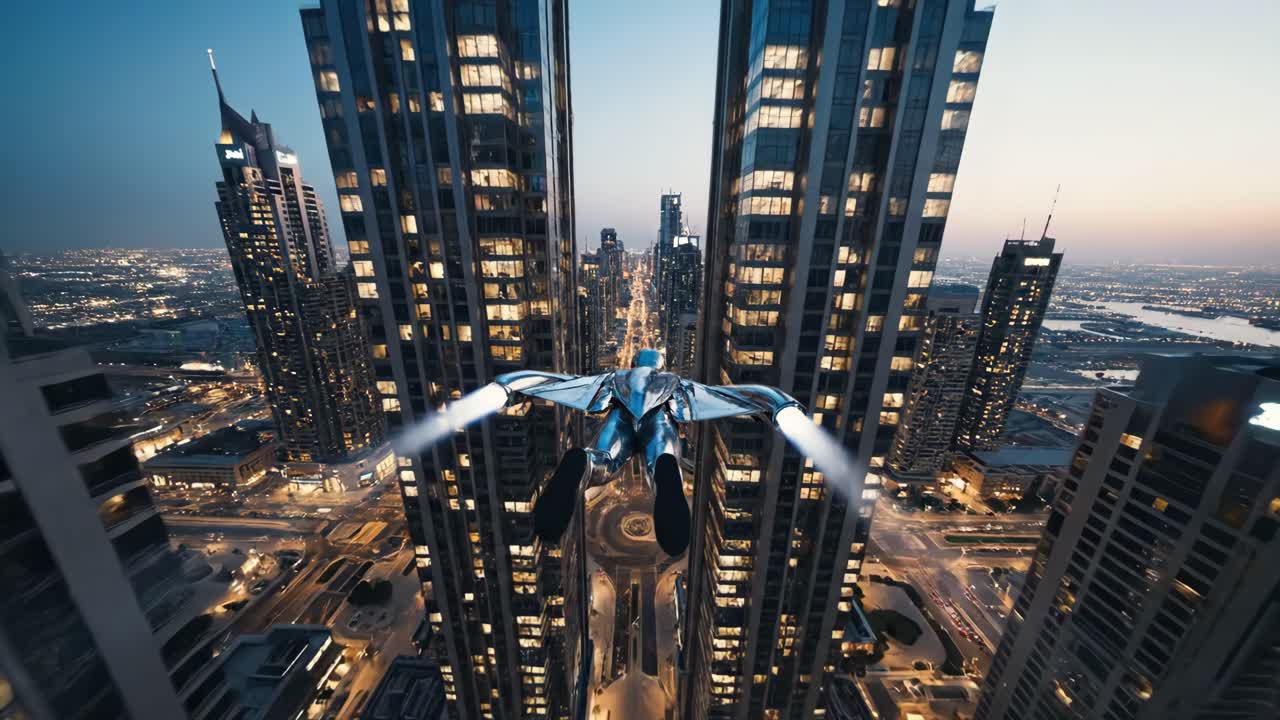 Futuristic Jetpack Flight Through Dubai's Skyscrapers