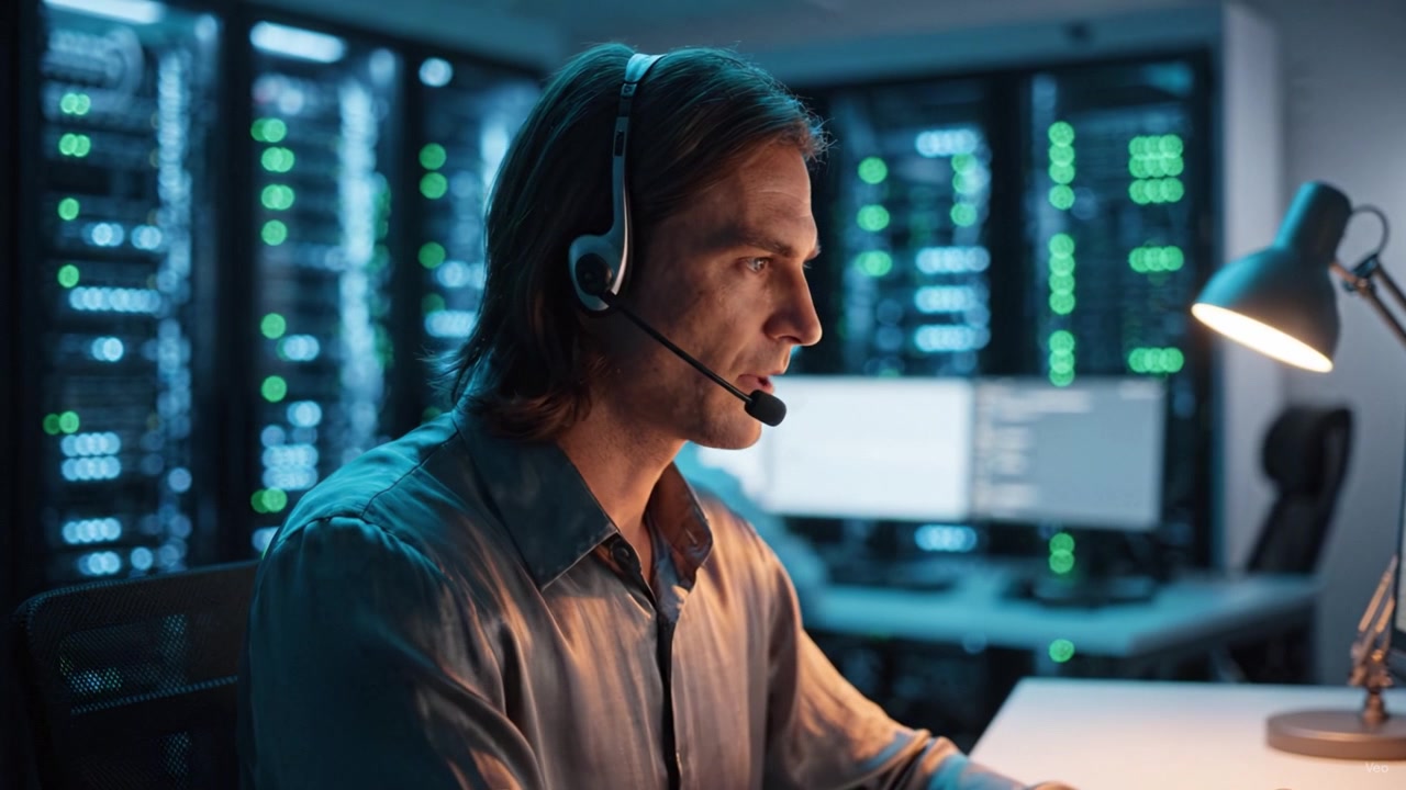 Focused Technician Working on Data Analysis in Front of Server Rack with Multiple Computer Screens at a High-Tech Operations Center