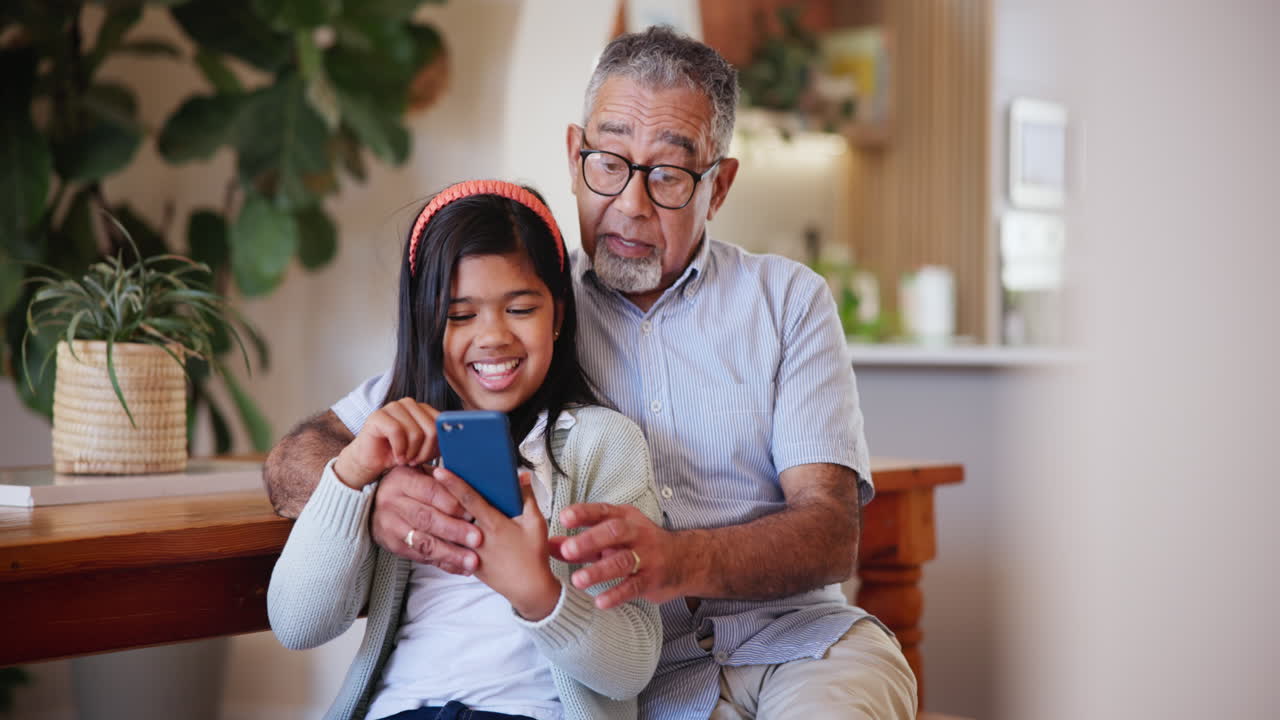 Child, senior and person or cellphone surprise