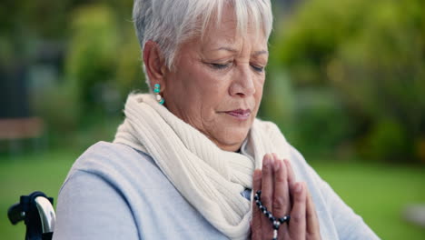 outdoor, praying and senior woman with a rosary
