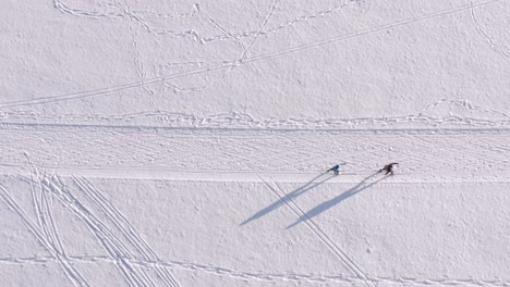 skking from above - top shot of a drone looking down at a skiing couple at a beautiful winter day at a snow track