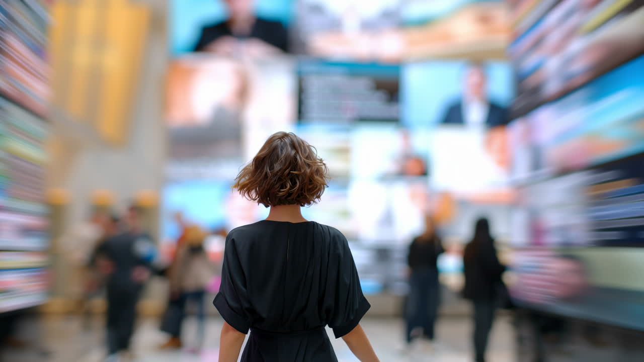 City digital display space. A person stands in a modern area surrounded by large screens showing colorful visuals. It appears lively and engaging