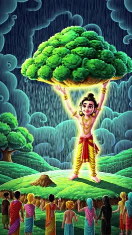 krishna sosteniendo el árbol durante la lluvia