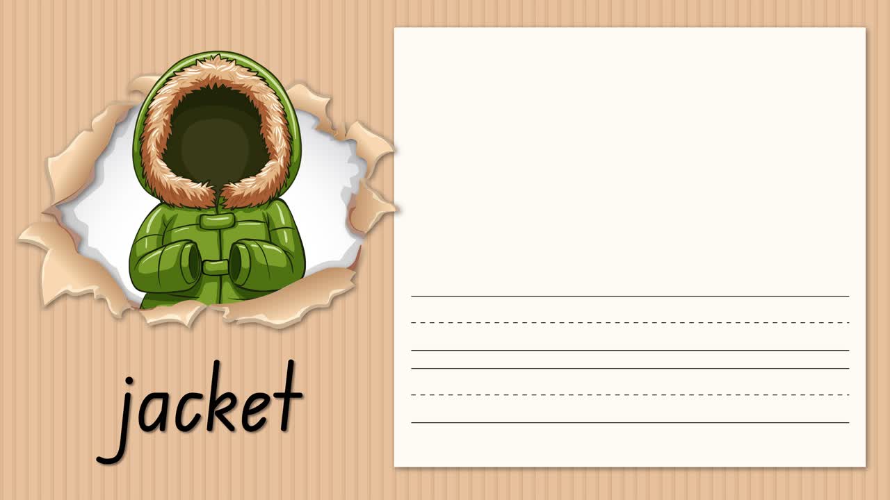 Animated educational video teaches letter J using a green jacket illustration on cardboard background