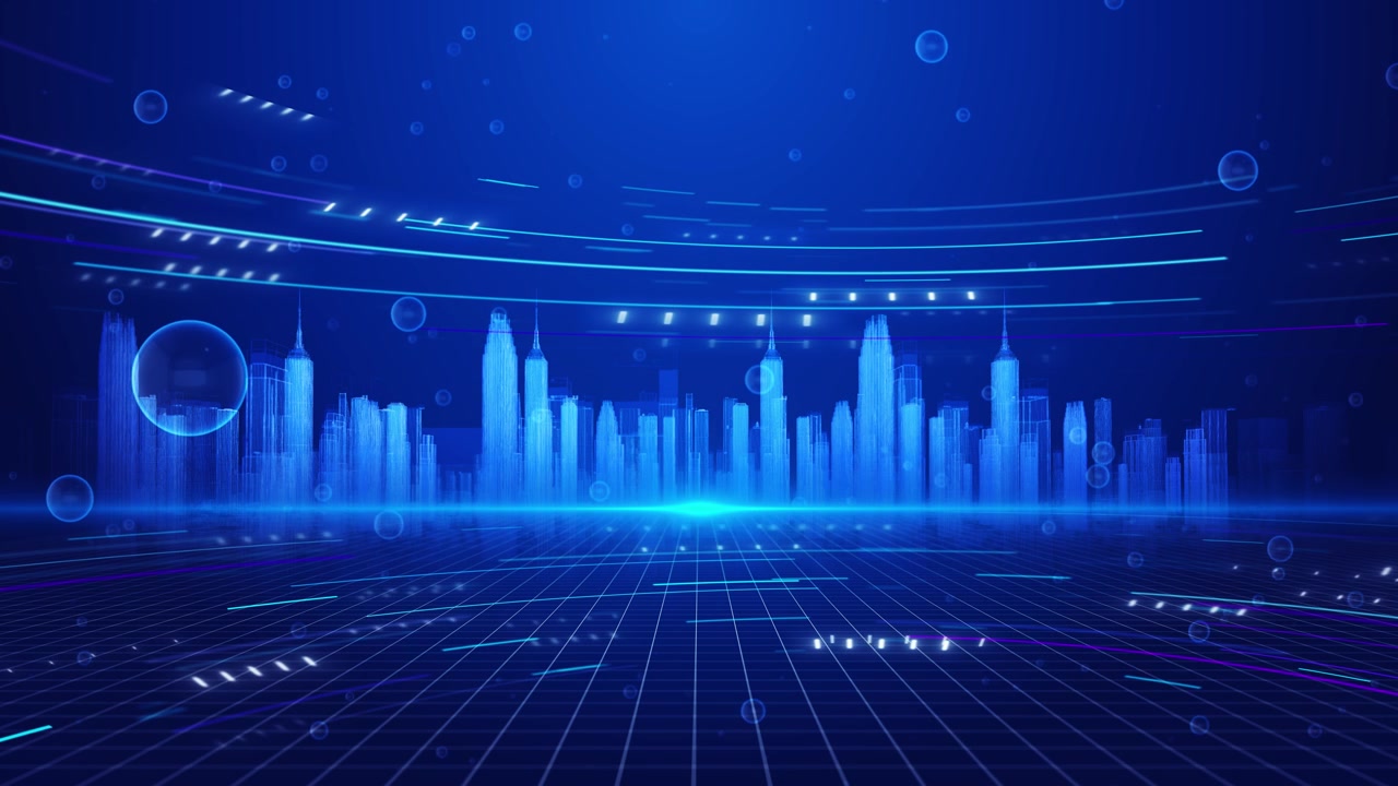 Blue virtual city interface background glowing skyline grid floor floating bubbles curved digital