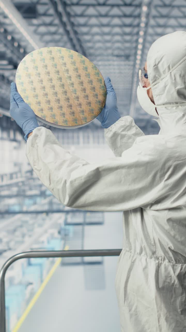 Video verticale: Team di ingegneria valuta prototipo avanzato di wafer di silicio per microchip