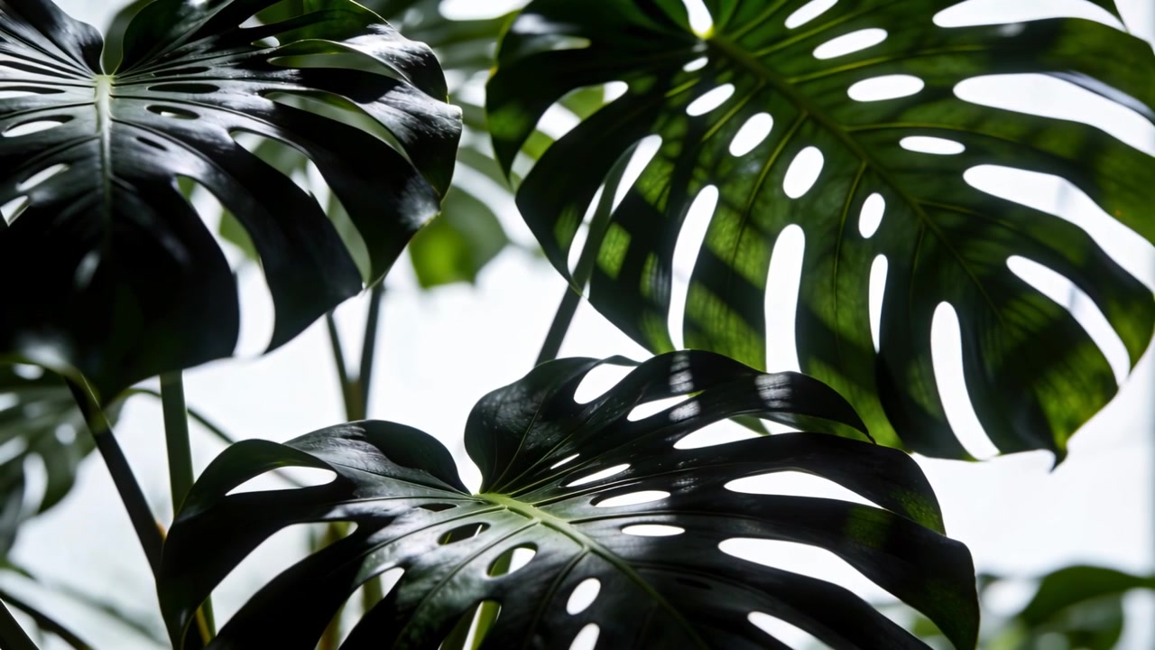 Controluce variabile, gruppo di foglie di Monstera che ondeggia e rivela le venature in serra, con i piccioli.