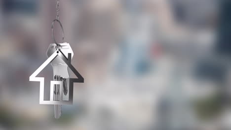 house-shaped keychain and keys animation over blurred cityscape background