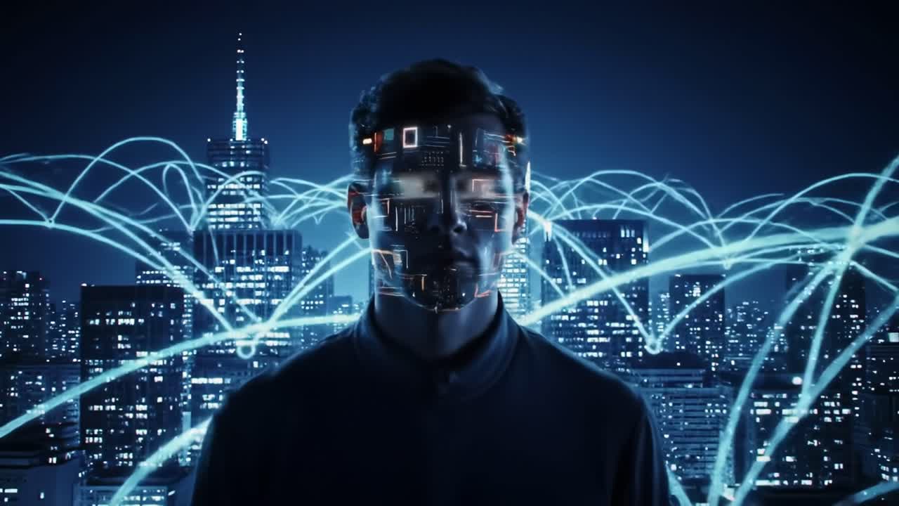 Man with Augmented Reality Interface in a Night City