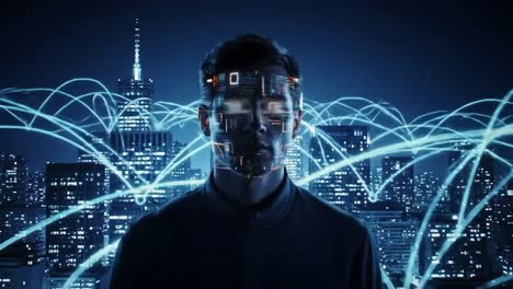 man with augmented reality interface in a night city