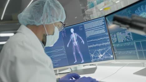 scientist studying human skeleton. detailed models on computer screen. looking for injury. futuristic laboratory research