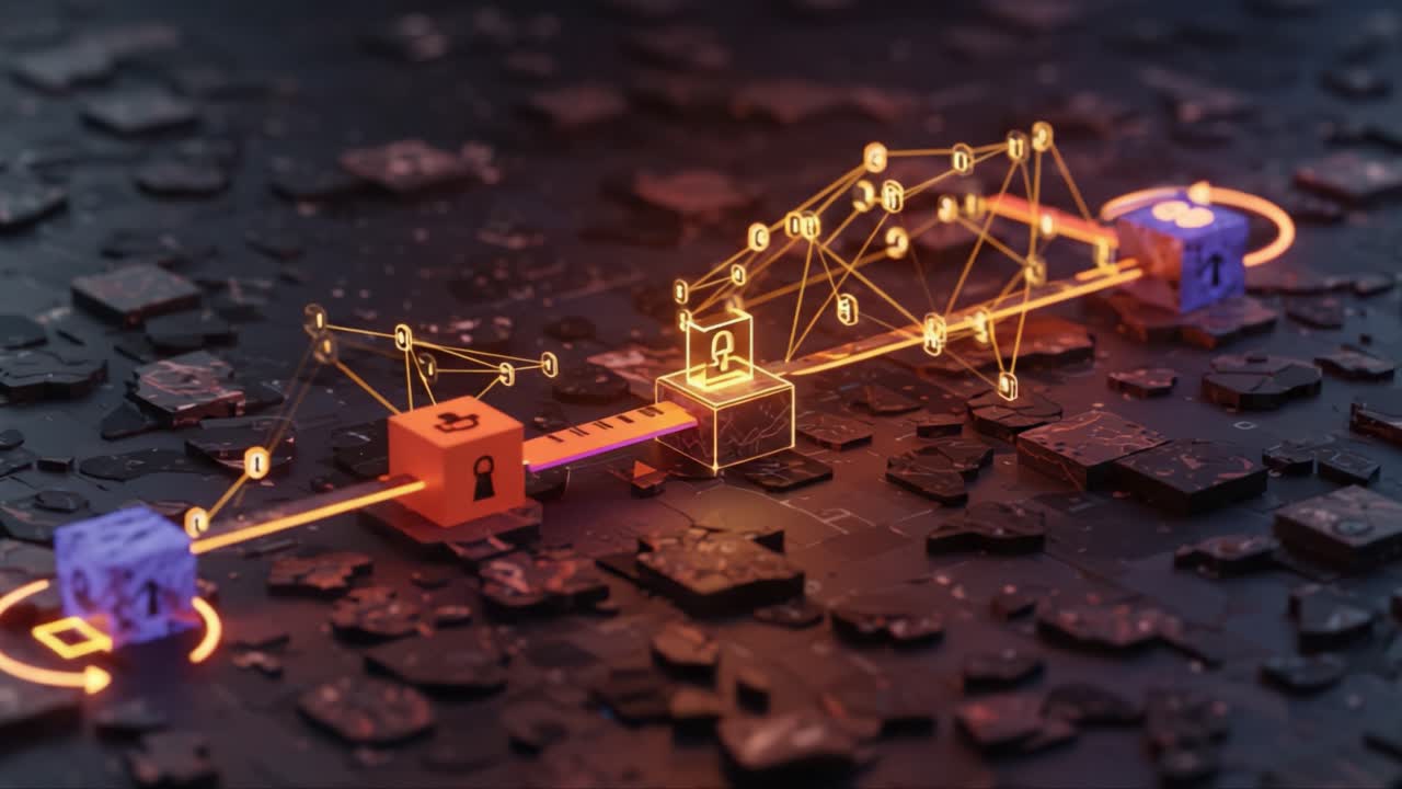 Intricate Digital Network Visualization with Emphasis on Security Protocols and Data Transmission Across Engaging Geometric Structures and Neon Elements