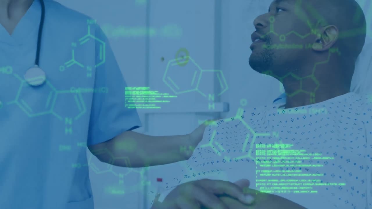 Animation of data processing over diverse business people using phone headsets