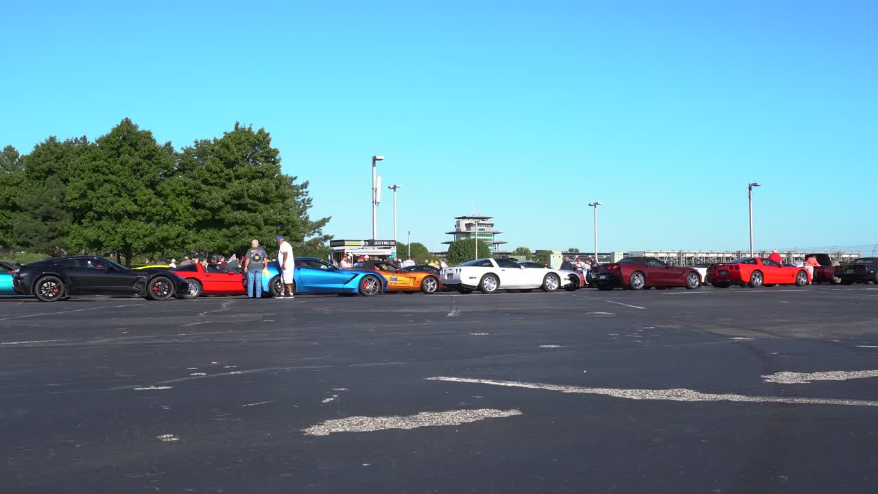 Shot pans across assembled super car Corvettes in Indiana.