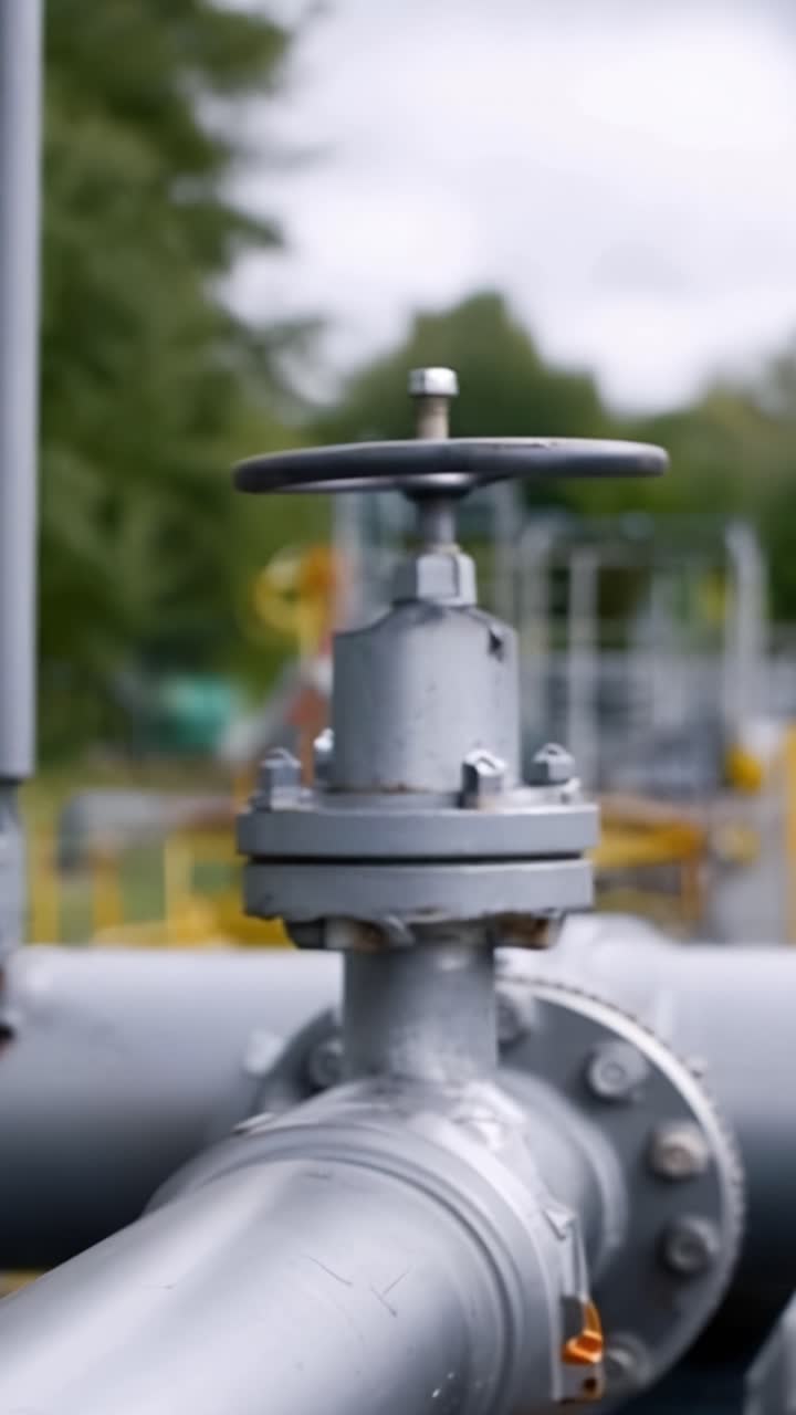 Vista dettagliata di un sistema di valvole e tubazioni industriali in un impianto di lavorazione, che evidenzia i componenti metallici e l'infrastruttura circostante.