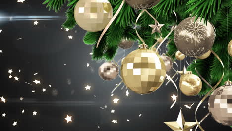 animación de árbol de navidad y adornos de oro, con estrellas brillantes que caen