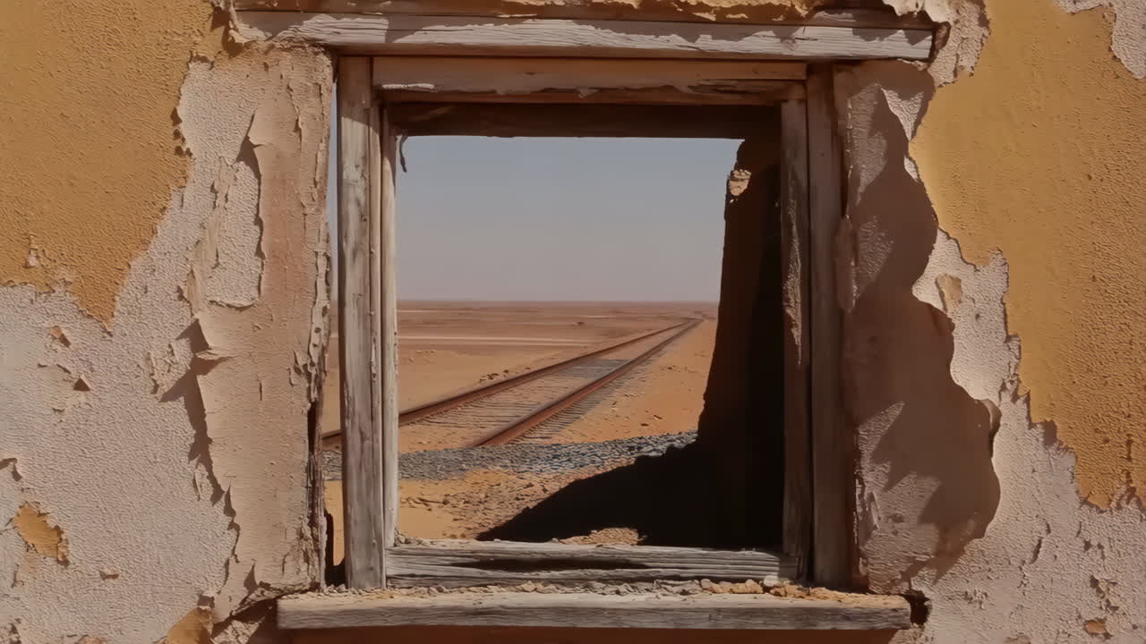 Desert Train Tracks Viewed Through an Abandoned Window