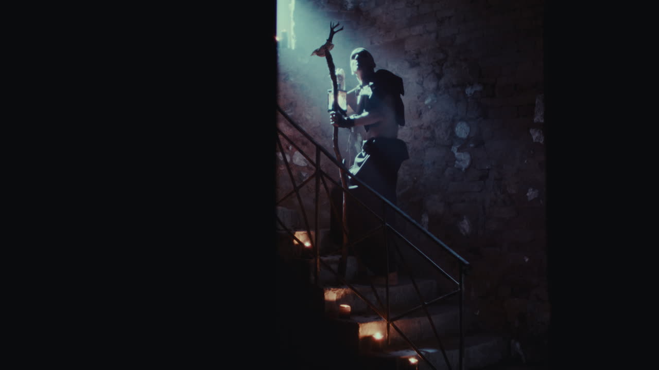 Mysterious Figure Ascending Stone Stairs