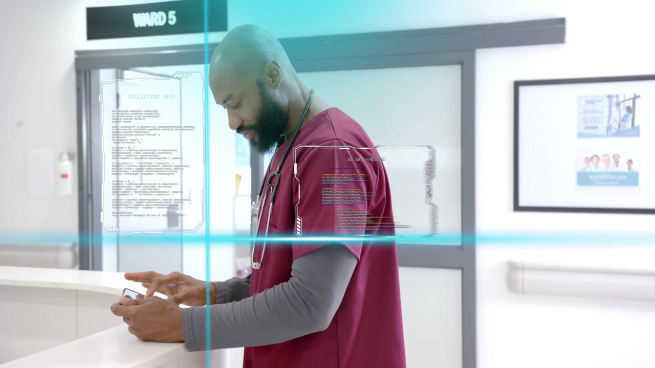 Medic tapping and scrolling device, checking records, blue HUD panels overlaying device over WARD5