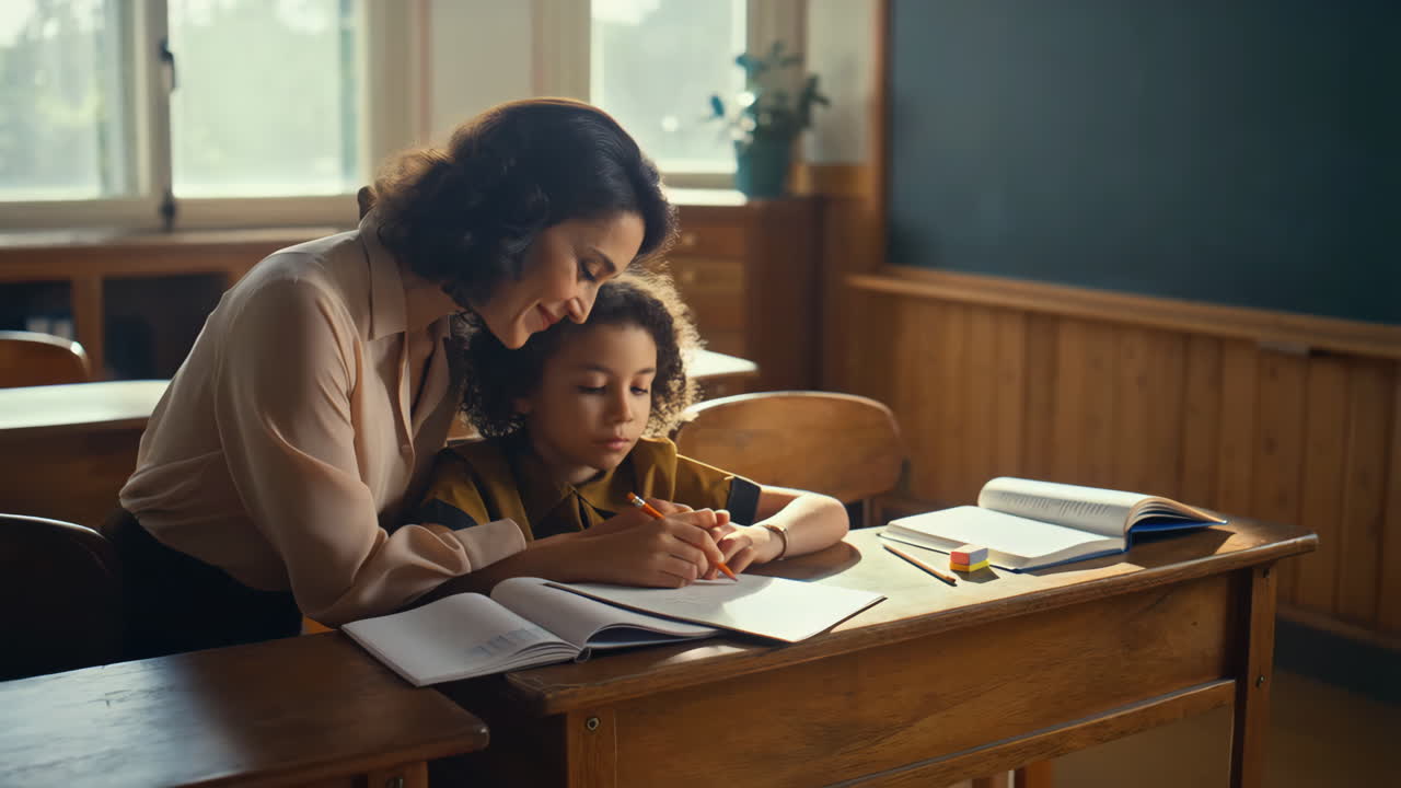 Teacher helping student with homework in a classroom