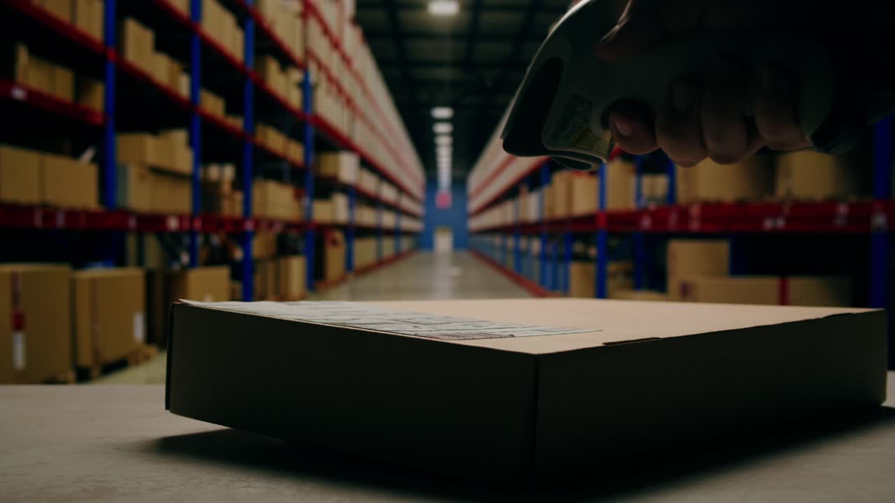 Scanner scan delivery box in storage, E-commerce shop, man packing goods and clothes second hand delivery market, courier Packaging and Shipping Workspace with Supplies and Technology, online sales.