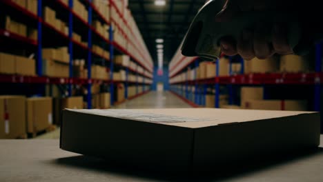 scanner scan delivery box in storage, e-commerce shop, man packing goods and clothes second hand delivery market, courier packaging and shipping workspace with supplies and technology, online sales.