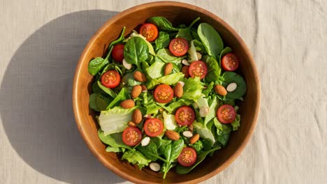 delicious fresh salad with spinach, cherry tomatoes, almonds, and crispy lettuce, perfect for healthy eating and vegan diets