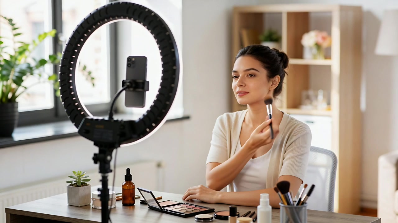 Reaching for palette woman beige-top applying blush at desk checking phone in ring-light for camera