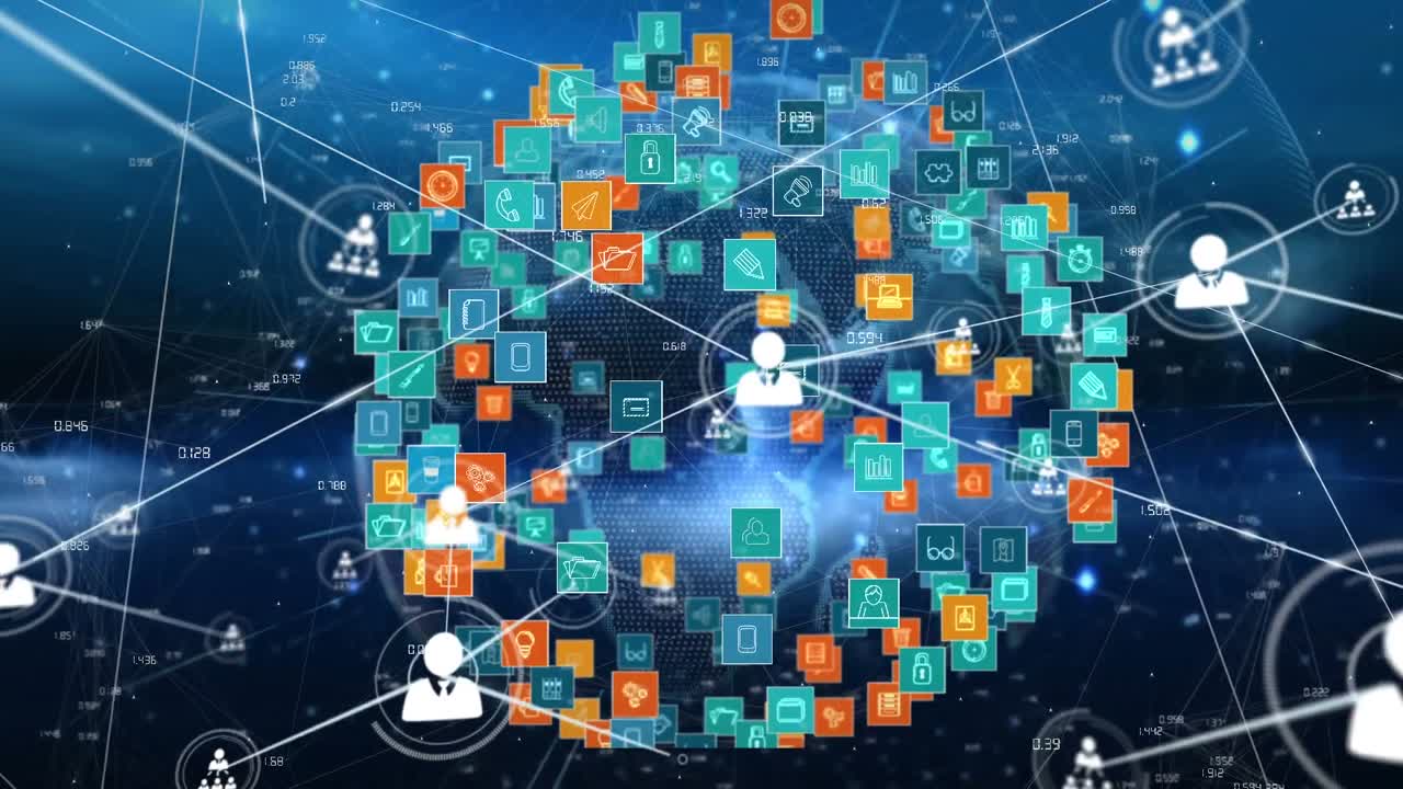 animación de la red de conexiones con los iconos de la gente en todo el mundo