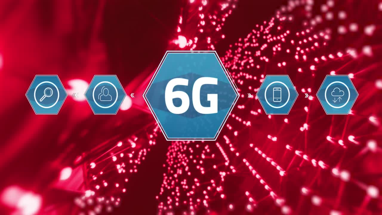 빨간 빛의 네트워크를 통해 6g 텍스트 및 미디어 아이콘의 애니메이션