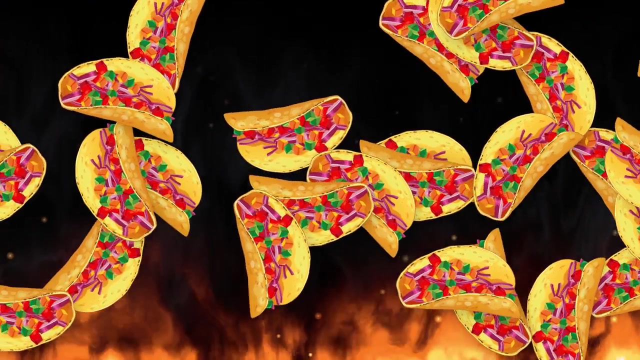 Tacos che cadono verso il basso su uno sfondo nero, con fiamme arancioni che si innalzano e fumo scuro.