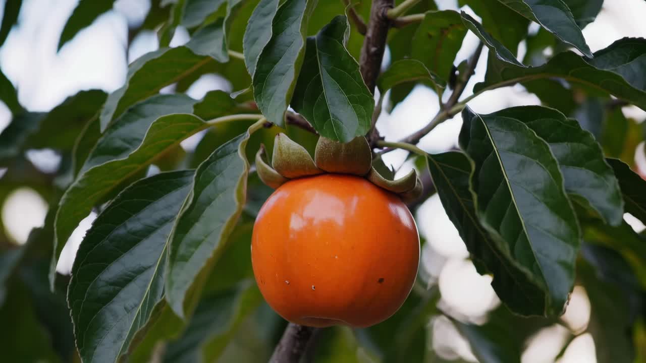 Close-up video shot of a ripe persimmon on a tree, captured from a low angle