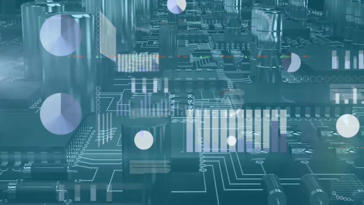 Animation of statistical and stock market data processing against close up of a circuit board